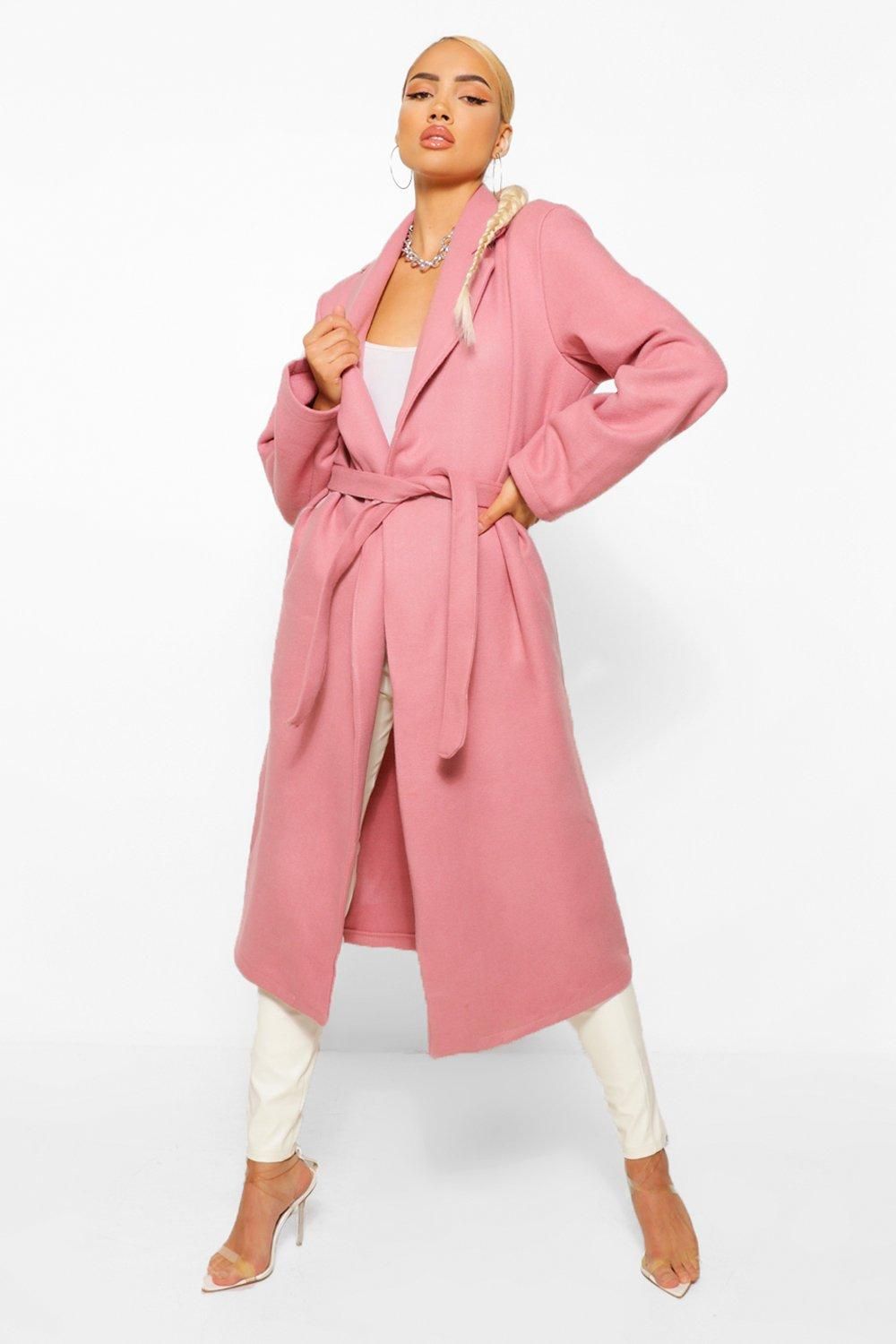 Womens Belted Longline Wool Look Coat - Pink - 10 | Boohoo.com (US & CA)