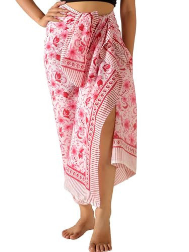 AUZURE 100% Cotton Sarong Coverups for Women Indian Hand Block Print Swimsuit Pareo Wrap Skirt Beach Swimwear Bikini Cover Up | Amazon (US)