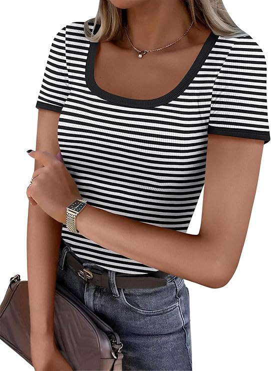 ANRABESS Women Short Sleeve Tops Square Neck Ribbed Knit Color Block T Shirts Fitted Casual Summe... | Amazon (US)