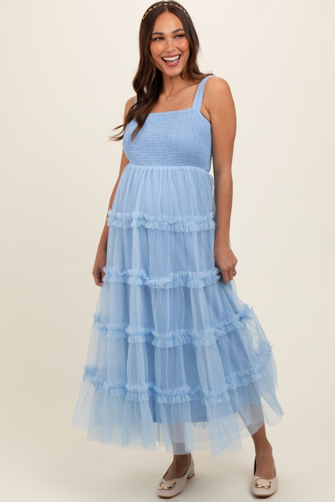 Light Blue Smocked Ruffle Tiered Tulle Maternity Midi Dress | PinkBlush Maternity
