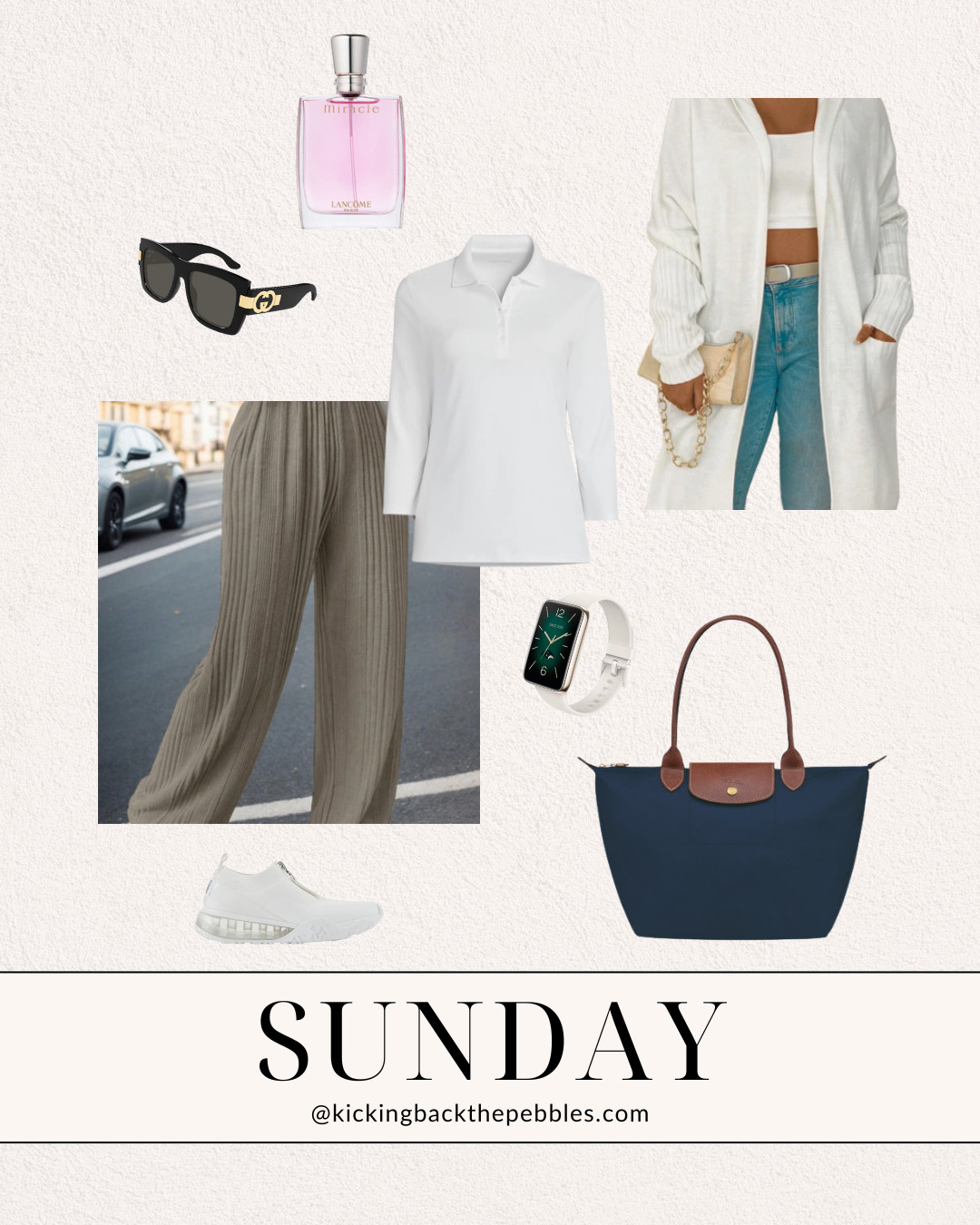 Sunday style, effortless & chic 🤍✨ Keep it comfy yet polished with a crisp white batwing cardigan, ribbed knit pants, and classic accessories. Add a timeless Longchamp Le Pliage tote & a spritz of Lancôme Miracle, and you’re ready for the day! 🌿👟🕶️

#LTKfashion #OOTD #EffortlessStyle #WeekendWardrobe #CasualChic #MinimalistFashion #AthleisureLook #LongchampLePliage #DKNYStyle #GucciSunglasses #PerfumeLover #SmartWatchStyle 

 #LTKStyleTip #LTKPlusSize #LTKItBag