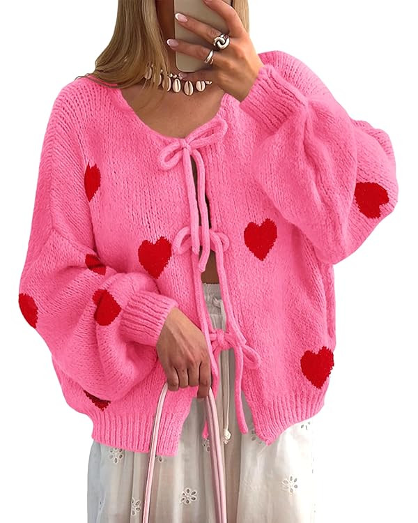 Saodimallsu Womens Tie Front Cardigan Sweaters Cute Bow Puff Long Sleeve 2025 Fall Loose Ribbed K... | Amazon (US)