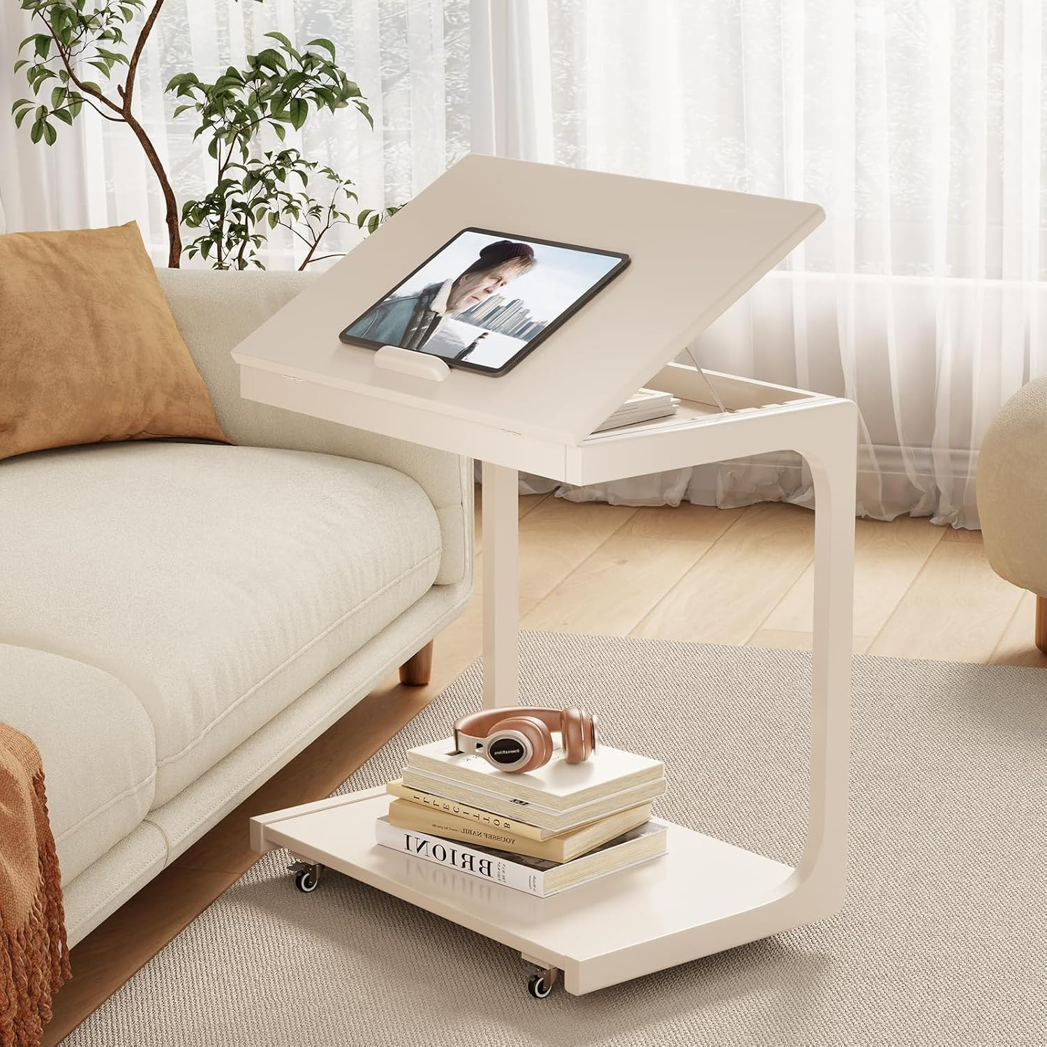 AQIMUELE Wooden C-Shaped End Table,Couch Table with Adjustable Desktop,Small Rolling Side Table with 2 Lockable Wheels 23.6" Width,Small End Table for Couch, Living Room,Bedroom (White) | Amazon (US)