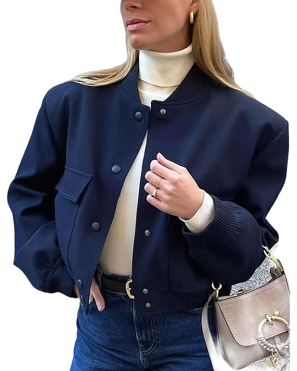 Megfie Womens Cropped Bomber Jacket Button Down Varsity Jackets Shackets With Pockets | Amazon (US)