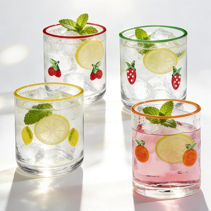 Whaline 4Pcs Fruit Icon Juice Glass 14 Oz Wine Glass Strawberry Lemon Cherry Orange Stemless Cock... | Amazon (US)