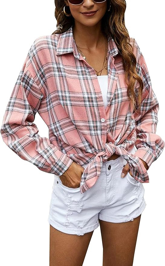 Oversized Womens Flannel Plaid Soft Flannel Button Down Shirt Roll Up Long Sleeve Flannel Plaid S... | Amazon (US)