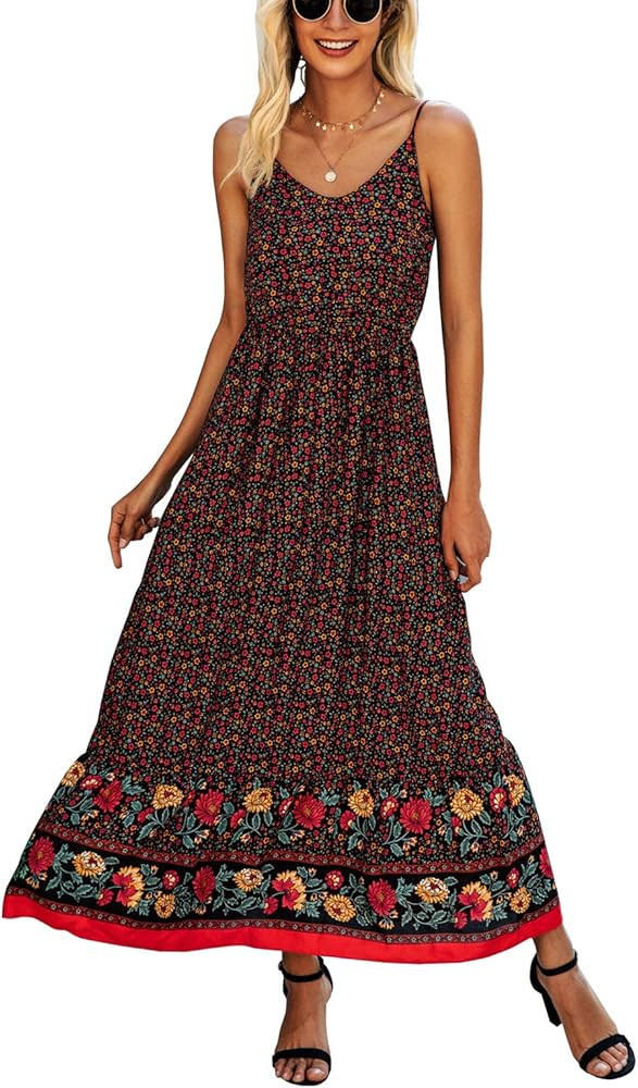 KIRUNDO Summer Women’s Spaghetti Maxi Dress V Neck High Waist Backless Adjustable Straps Floral... | Amazon (US)