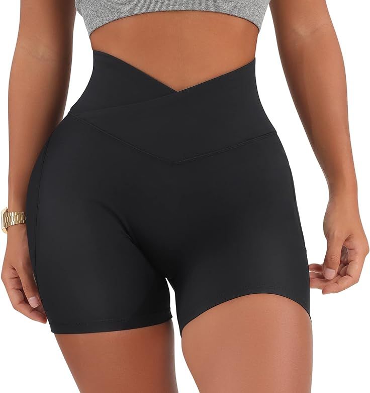 MOOSLOVER Women V Cross Waist Workout Shorts Butt Lifting High Waisted Biker Shorts | Amazon (US)