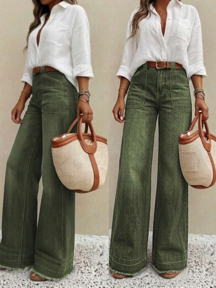 New Women's High-Quality Fashion Casual Loose Fit Denim Wide Leg Jeans, Comfortable Fit, Suitable... | SHEIN
