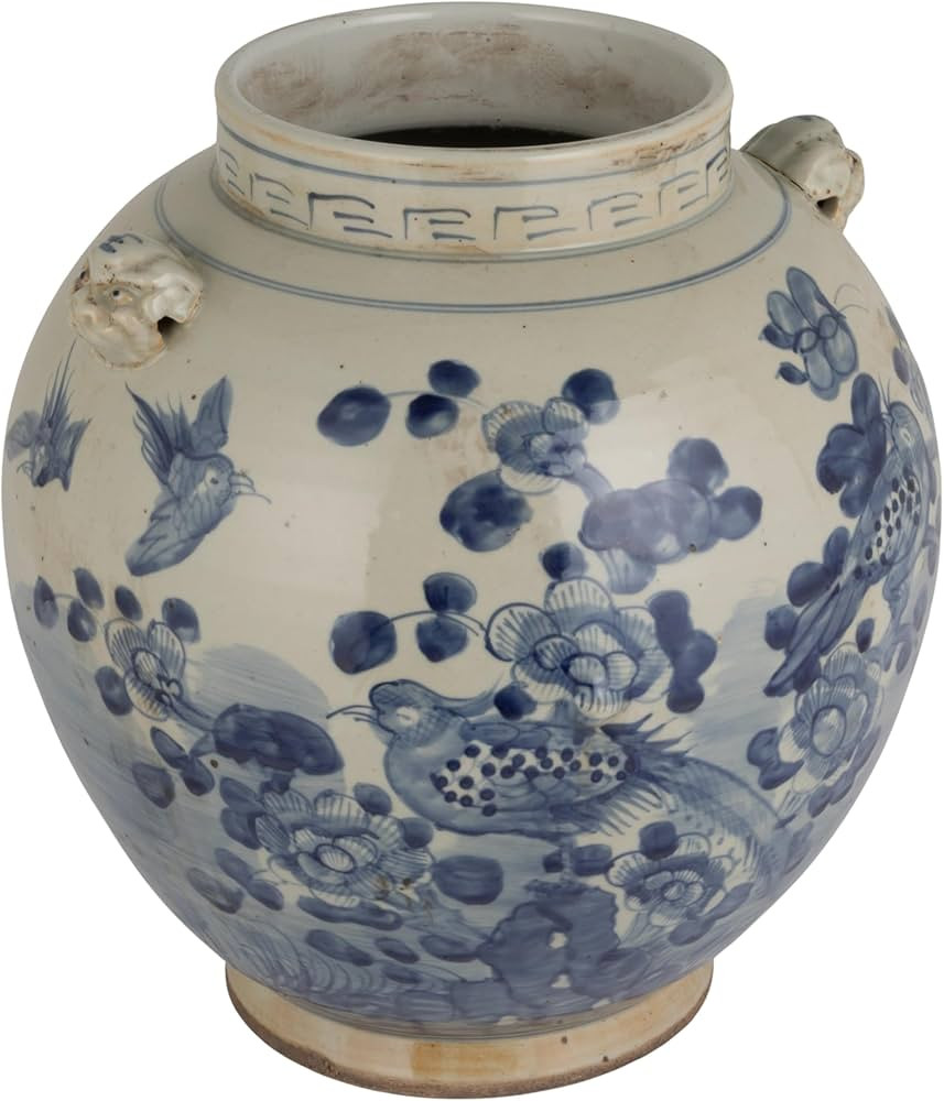 Creative Co-Op Hand-Painted Stoneware Vintage Reproduction Cachepot with Floral Pattern, Blue & W... | Amazon (US)