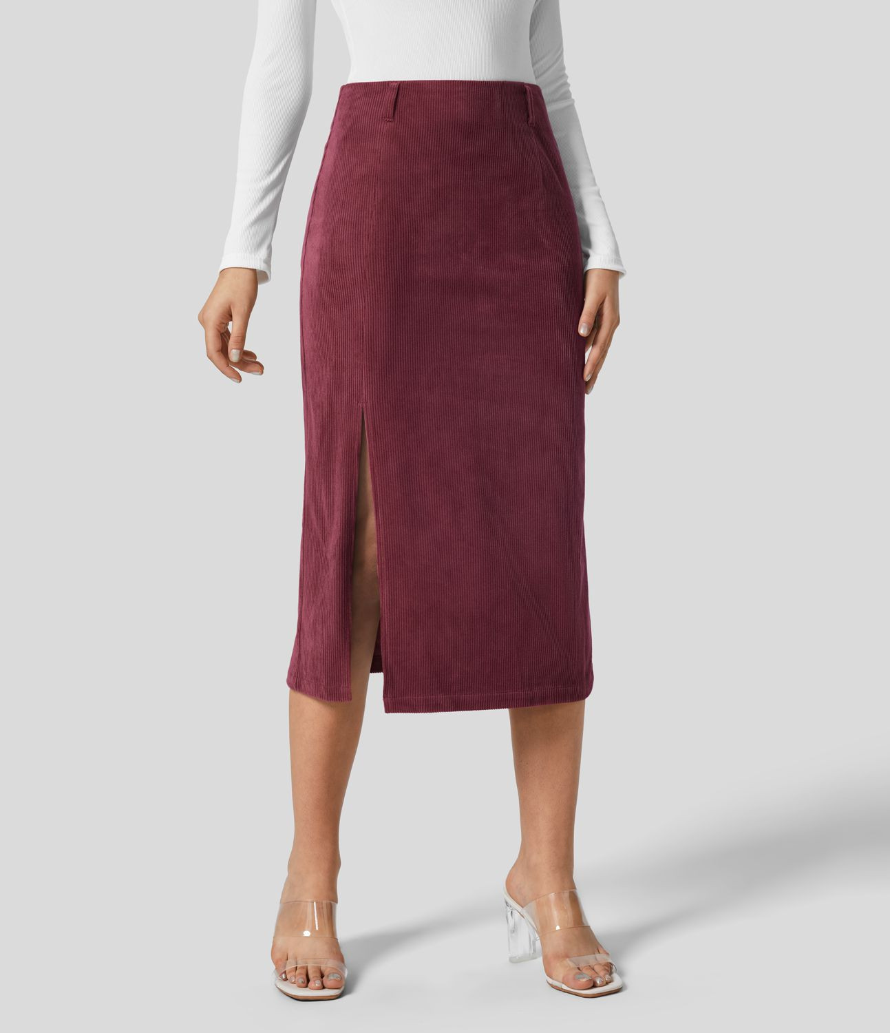 Women’s High Waisted Invisible Zipper Split Hem Midi Corduroy Casual Skirt - Halara | HALARA