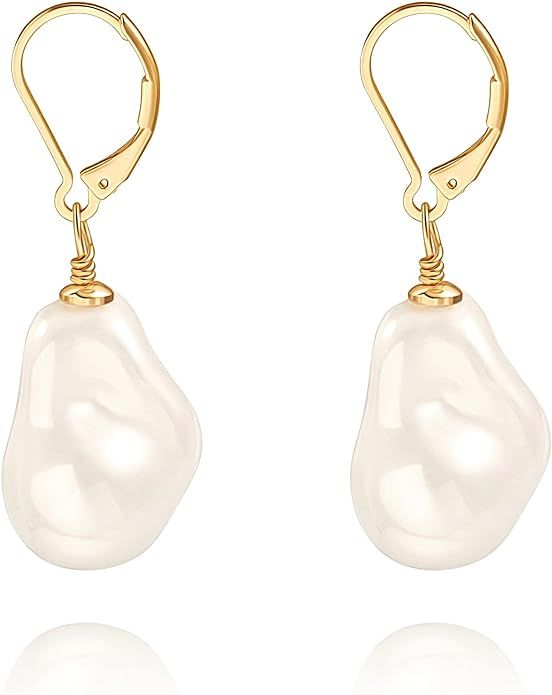 Handpicked White Pearl Earrings 18k Gold Plated Leverback Dangle Stud Pearl Earrings Jewelry for ... | Amazon (US)