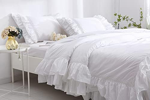 Meaning4 White Queen Duvet Cover with Ruffles and Lace Egypt Cotton 90x90 Inch 1 Pieces Solid | Amazon (US)