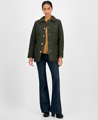 MICHAEL Women's Faux-Leather-Trim Quilted Coat | Macy's