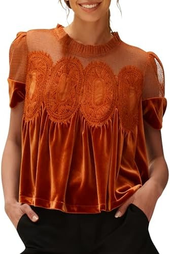 Gozoloma Women's Velvet Lace Blouse Casual Round Neck Short Sleeve Flared Swing Top Elegant Loose... | Amazon (US)