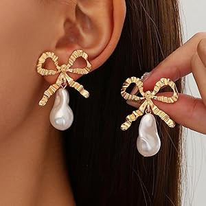 Dainty Gold Plated Baroque Pearl Bow Drop Earrings for Women,Twisted Teardrop Crystal Dangle Earr... | Amazon (US)