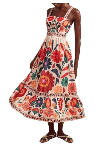 Floerns Women's Summer Floral Long Dress Smocked Flowy Beach Vacation Boho Dresses | Amazon (US)