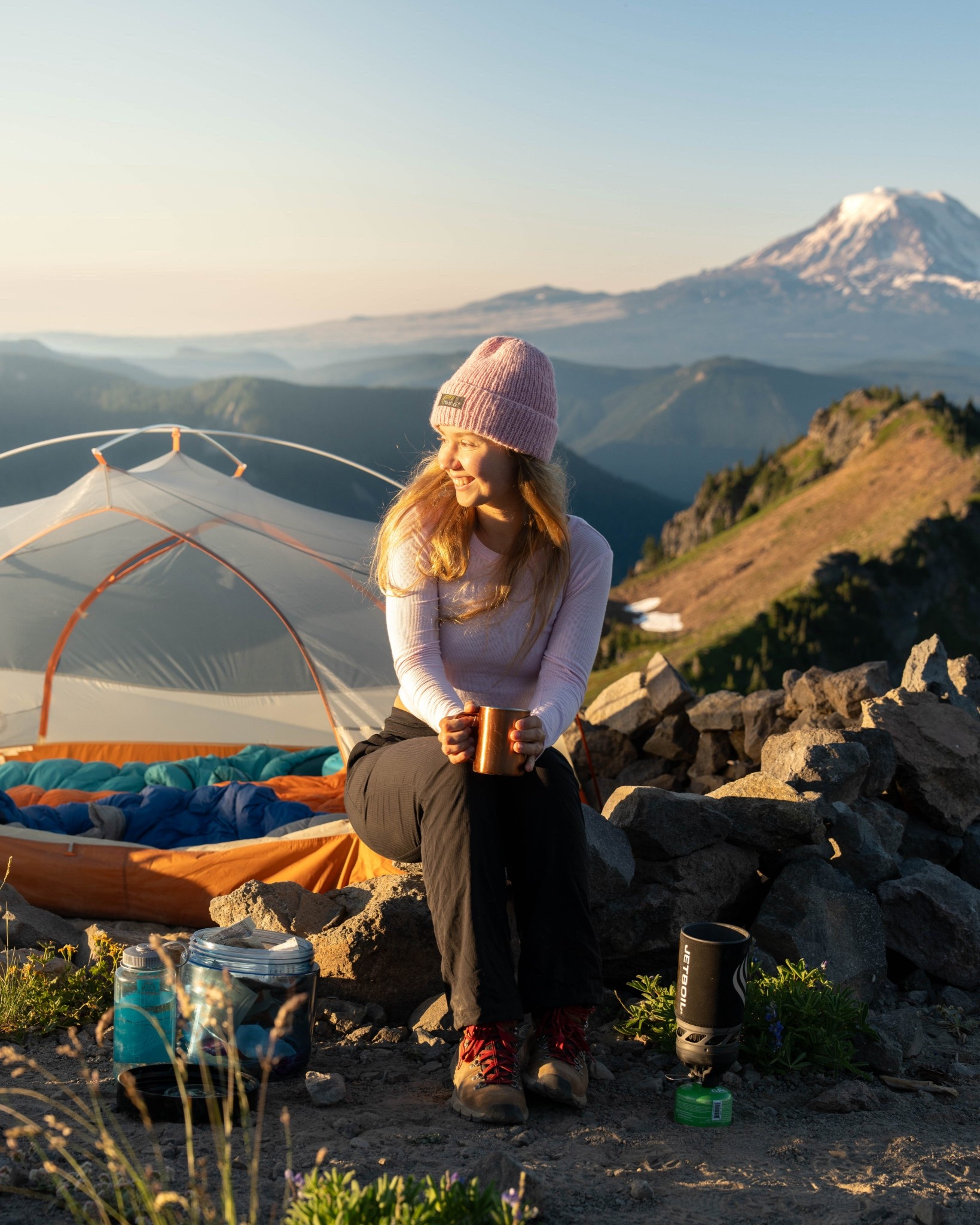 Jetboil, bear cannister, boots, nalgene, sleeping bag, tent and pants!