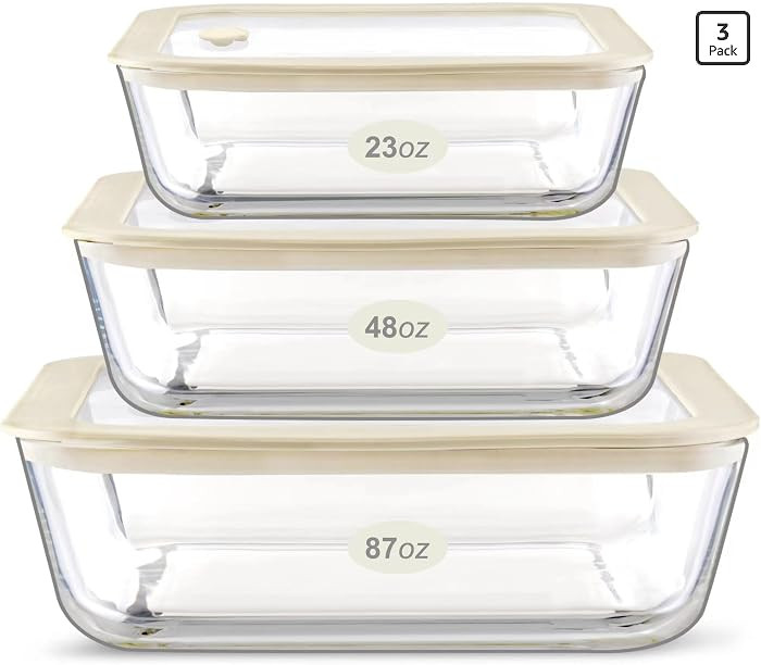Glass Food Container Set with Silicone Glass Lid, 3 Pack, Airtight, LeakProof, 100% Plastic Free,... | Amazon (US)