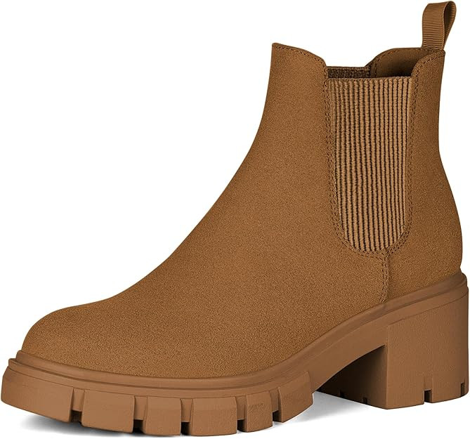 Women's Slip on Chelsea Ankle Boots | Fall Short Booties Shoes with 2.3-Inch Low Chunky Heel, Rou... | Amazon (US)