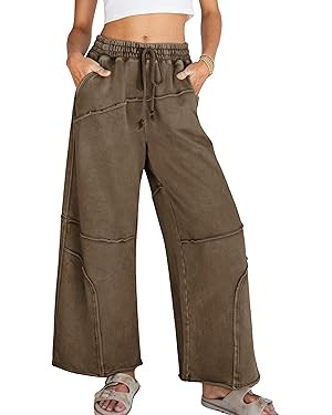 Athlisan Womens Casual Wide Leg Sweatpants High Waist Acid Wash Palazzo Pants with Pockets | Amazon (US)