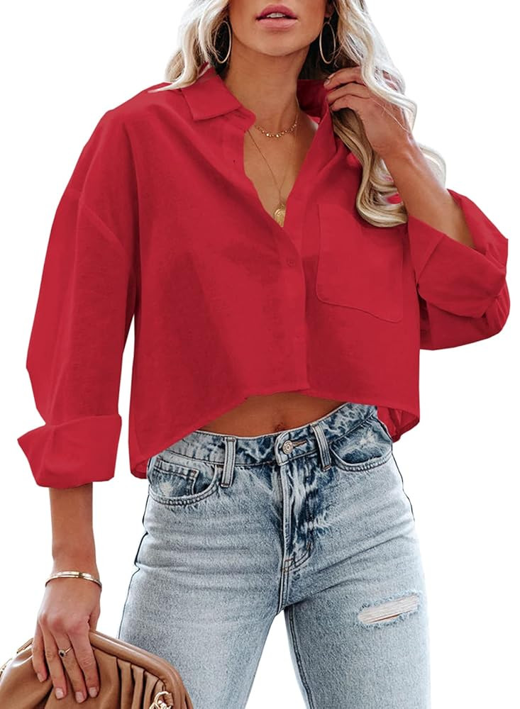 Tankaneo Womens Button Down Cropped Shirts Long Sleeve Casual Crop Tops Solid Lapel Blouse Shirt ... | Amazon (US)