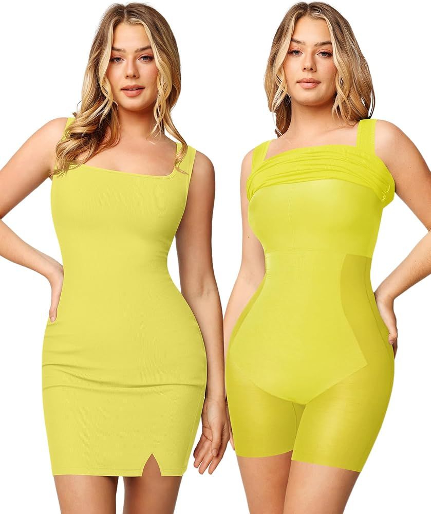 Popilush The Shapewear Dress Mini Slit Built in Shapewear Bra 8 in 1 Square Neck Bodycon Summer D... | Amazon (US)