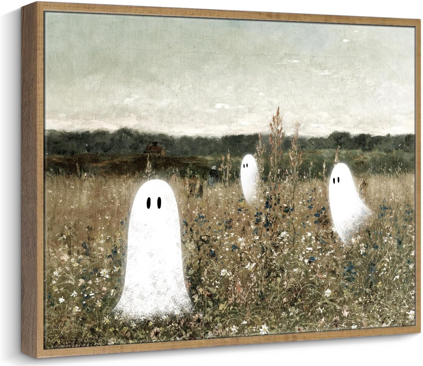Cute Ghost Wall Decor, Framed Halloween Canvas Wall Art, Vintage Ghosts in Wildflower Meadow Painting, Cozy Spooky Fall Decor for Living Room Bedroom, 8x10 Inch | Amazon (US)