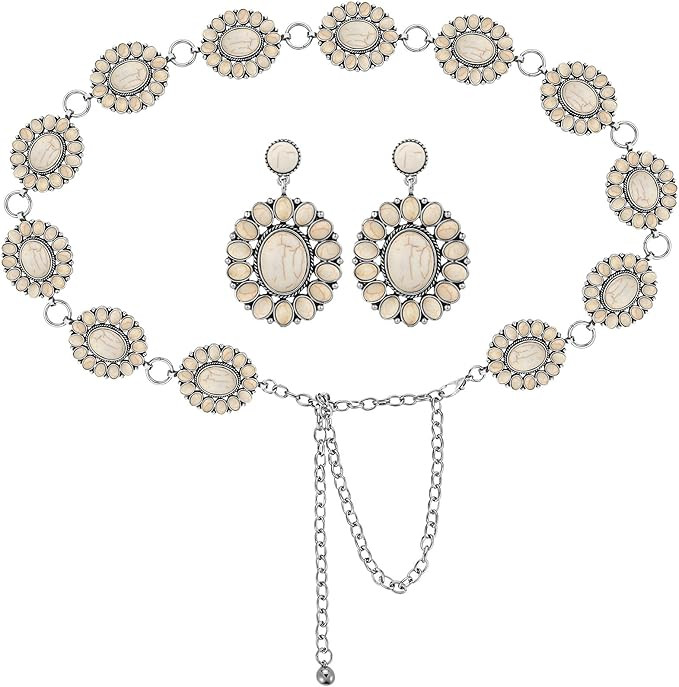 White Turquoise Concho Chain Belt Metal Western Waist Belts for Women Boho Belt Turquoise Drop Ea... | Amazon (US)