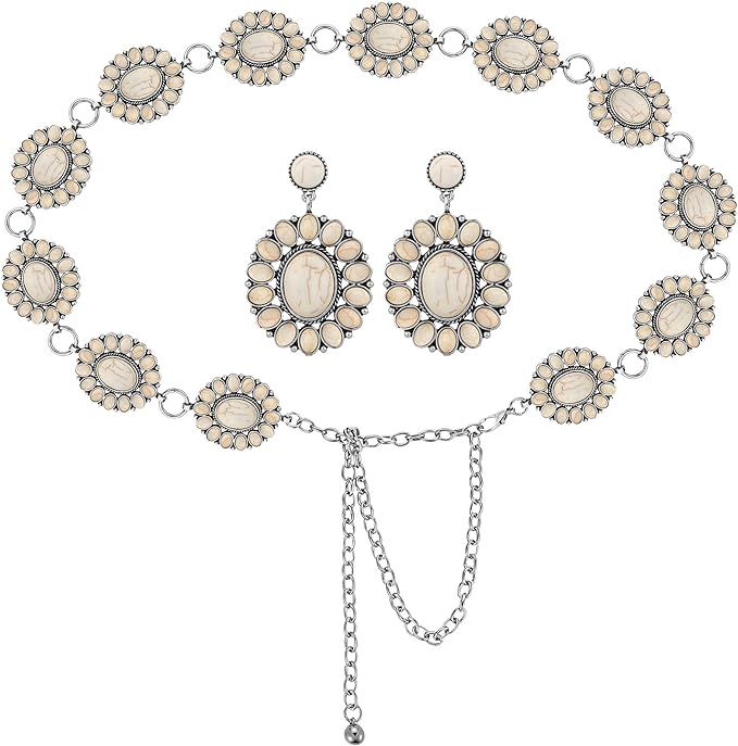 White Turquoise Concho Chain Belt Metal Western Waist Belts for Women Boho Belt Turquoise Drop Ea... | Amazon (US)