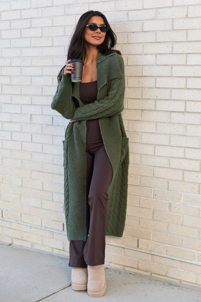 Keegan Green Cable Knit Duster Cardigan | Pink Lily