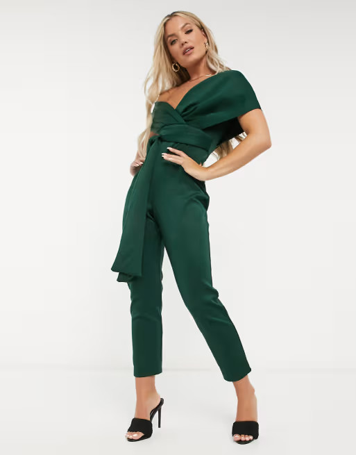 ASOS DESIGN fallen shoulder scuba jumpsuit in forest green | ASOS (Global)