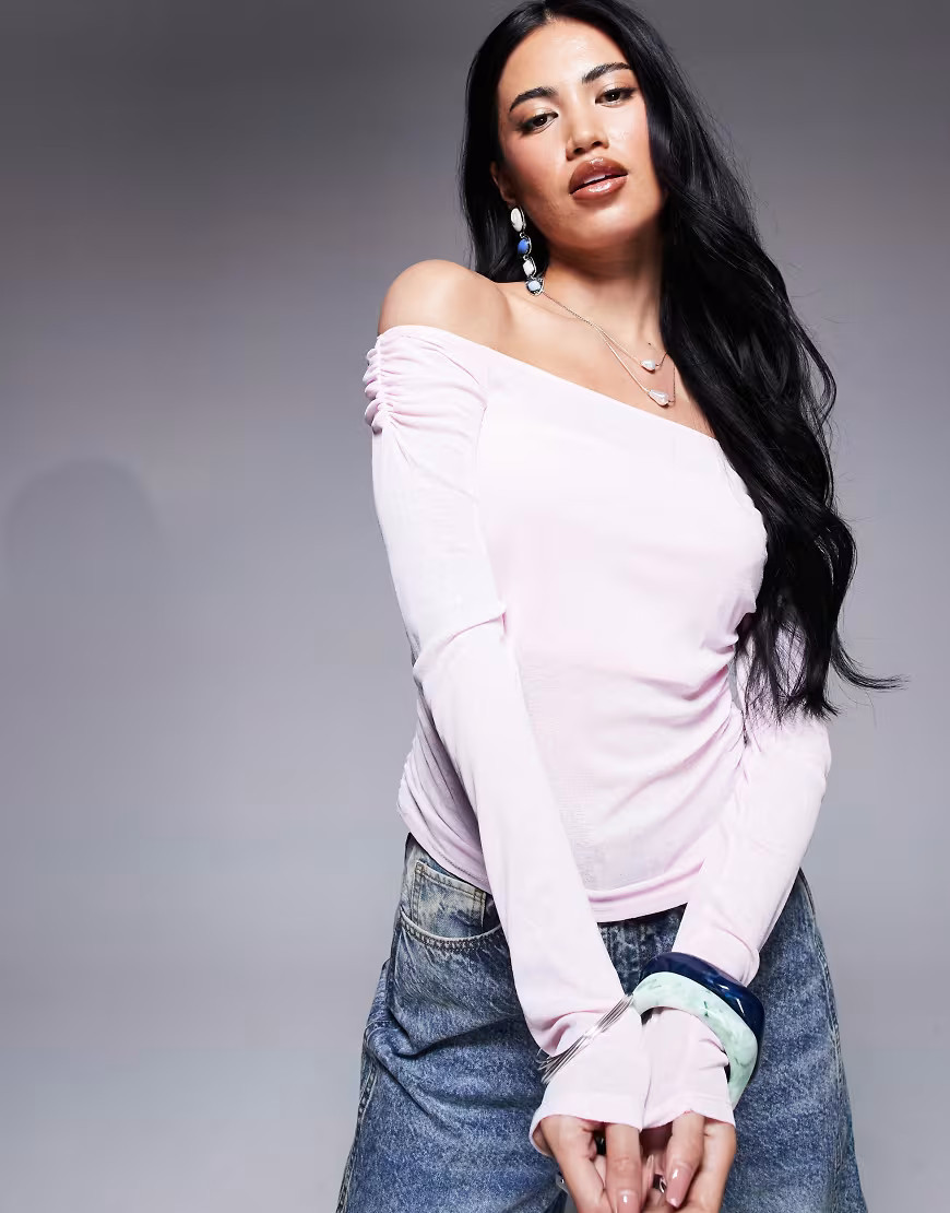 ASOS DESIGN off the shoulder ruched long sleeve top in pastel pink | ASOS (Global)
