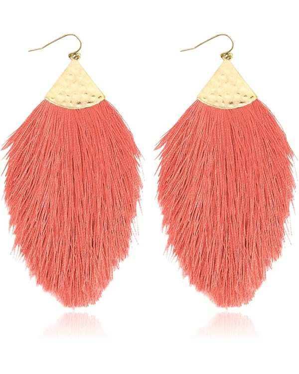 Bohemian Silky Thread Fan Fringe Tassel Statement Earrings - Lightweight Strand Feather Shape Dan... | Amazon (US)