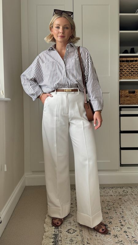 Love this clean and simple chic summer look! White wide leg trousers are from Abercrombie, I wear w28. Brown stripe shirt is ASOS, I wear size S  paired with tan accessories  