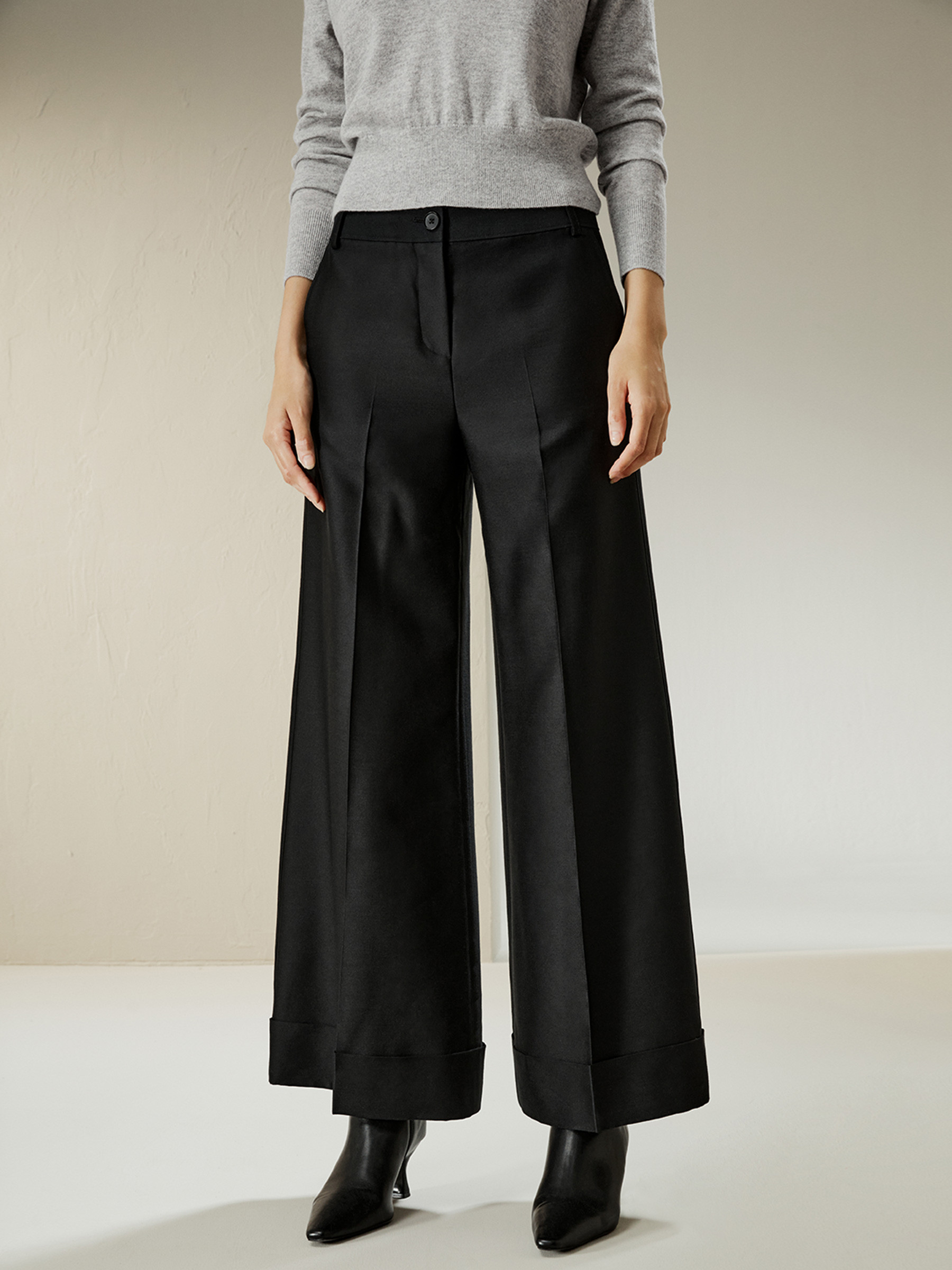 Wide leg silk-lined Wool Trousers | LilySilk