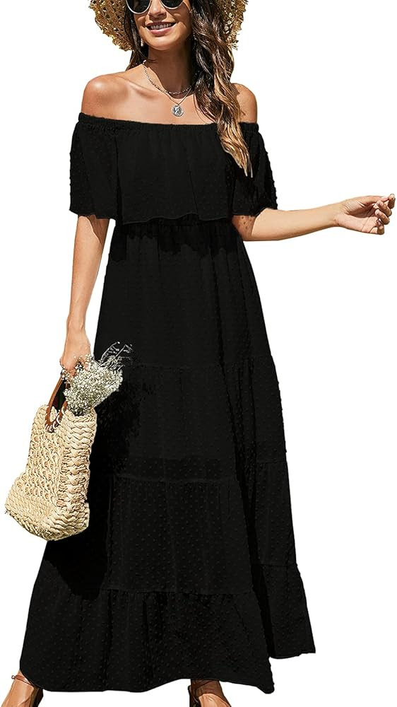 KIRUNDO 2021 Summer Women’s Off Shoulder Maxi Dress Polka Dots Short Sleeves High Waist Pleated... | Amazon (US)