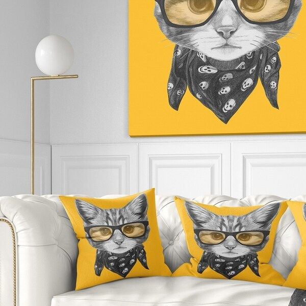 Designart 'Funny Cat with Glasses and Scarf' Animal Throw Pillow | Bed Bath & Beyond