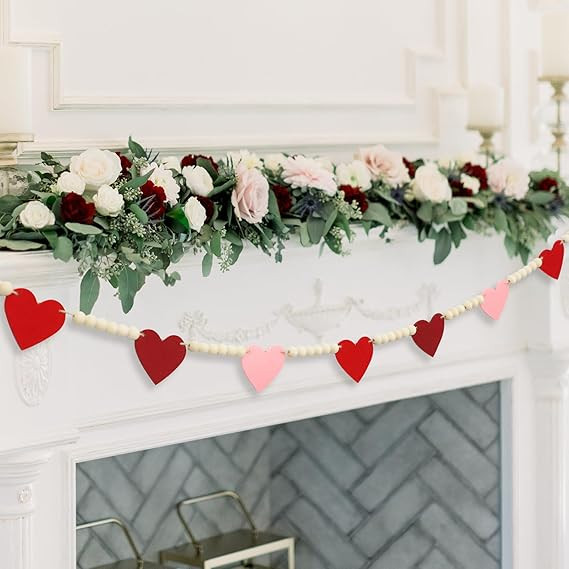 DAZONGE Valentines Day Decorations, Wood Bead Garland with Felt Hearts for Valentine Decor, Red a... | Amazon (US)