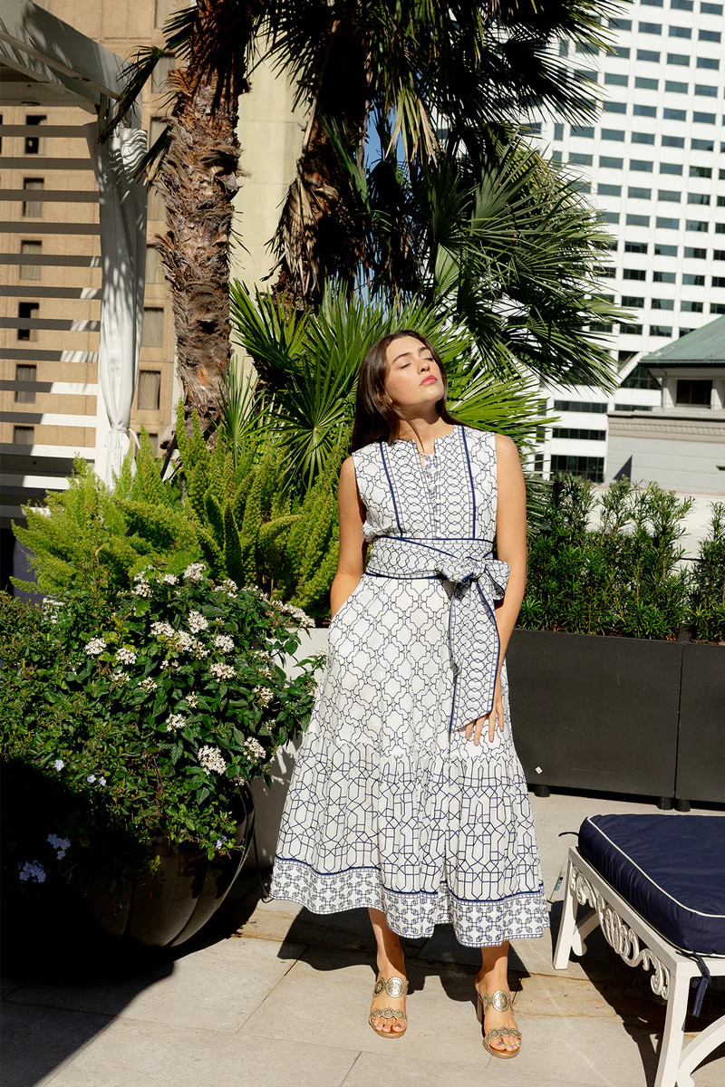 Jewel Neck Sleeveless SUE SARTOR Flounce | Navy Mosaic Embroidery | SUE SARTOR