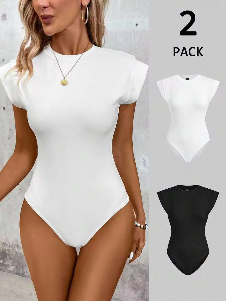 Easowa 2pcs/Set Women Casual Simple Minimalist Black White Skinny Bodysuit Suitable For Going Out... | SHEIN