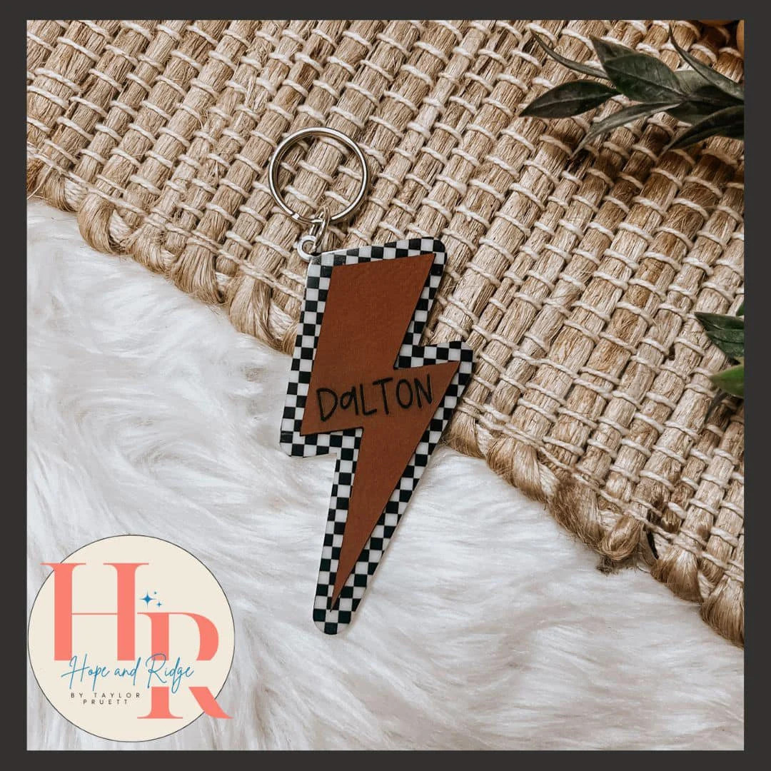 Checkered Lightning Bolt Name Tag Bookbag Tag Lunchbox Keychain Engraved Custom Back to School - ... | Etsy (US)