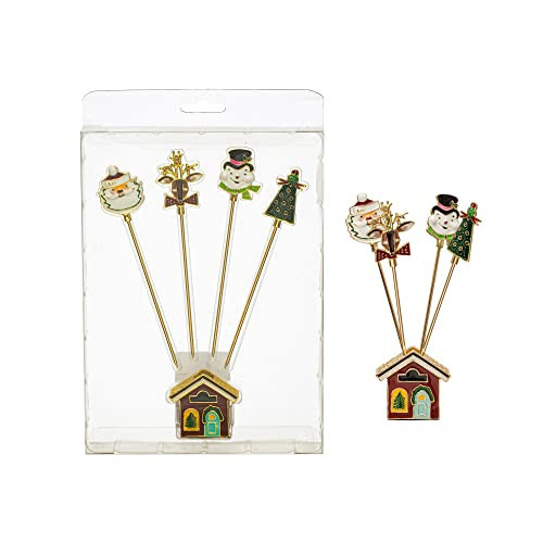 Creative Co-Op 5" H Stainless Steel Serving Picks w/Enameled Christmas Icons in House Shaped Holder, Multi Color, Set of 5 © | Amazon (US)