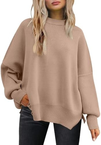 LILLUSORY Women's Oversized Batwing Sweaters 2026 Fall Outfits Trendy Crewneck Knit Side Slit Fas... | Amazon (US)