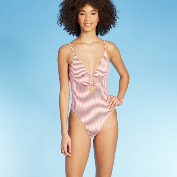 Juniors' Front Tie One Piece Swimsuit - Xhilaration™ Red Stripe | Target