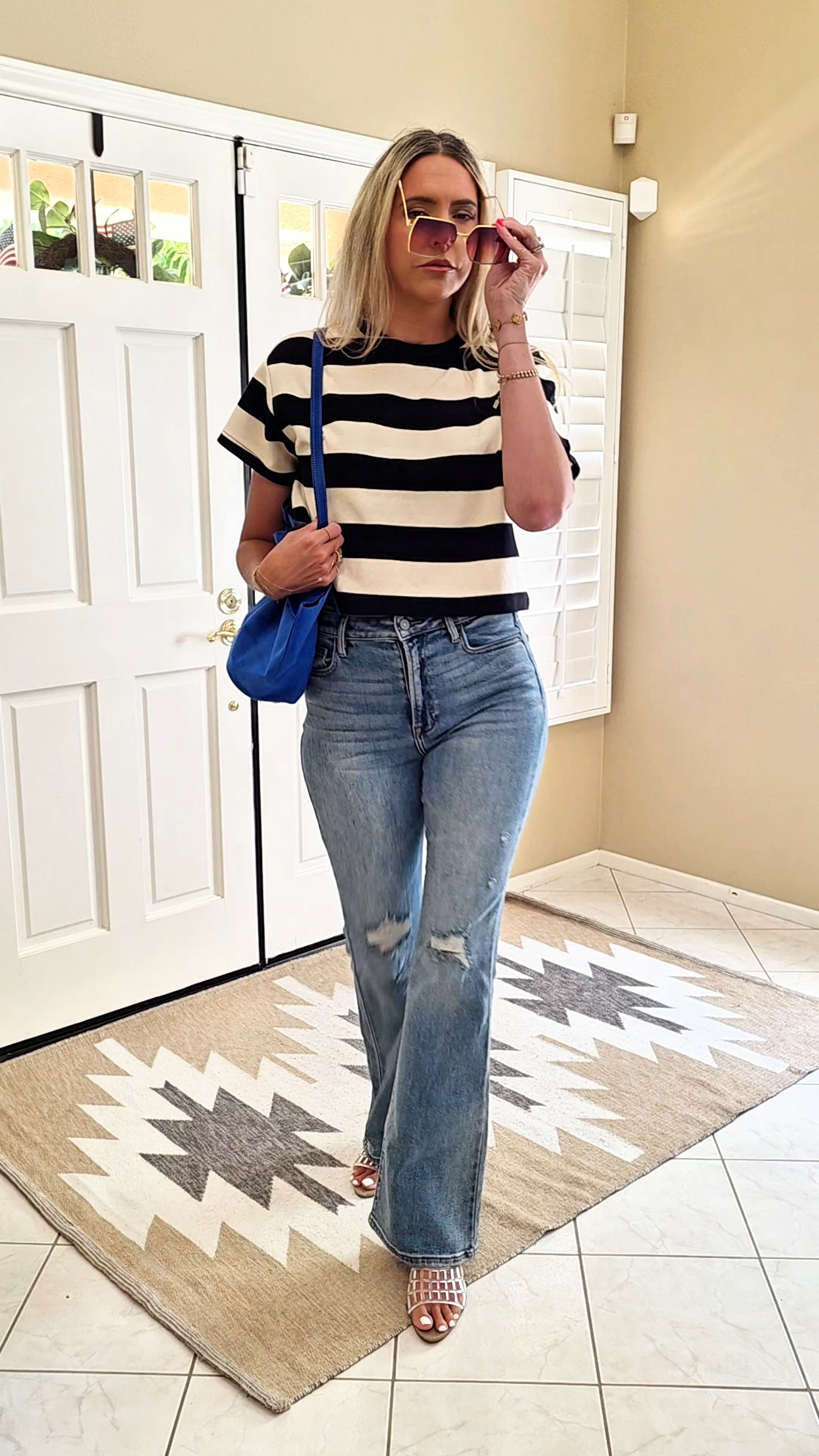 If you're tall, you need these jeans! They're a 34 inch inseam and since I'm almost 6' these are perfect! They run a smidgen big so size down if you're in between. I'm in my regular size 27 and they don't bag out. I'm in my true size small in both bodysuits and a small in the striped top. My shoes are super comfy and run true to size!! 

#LTKxVICI #LTKOver40 #LTKFindsUnder100