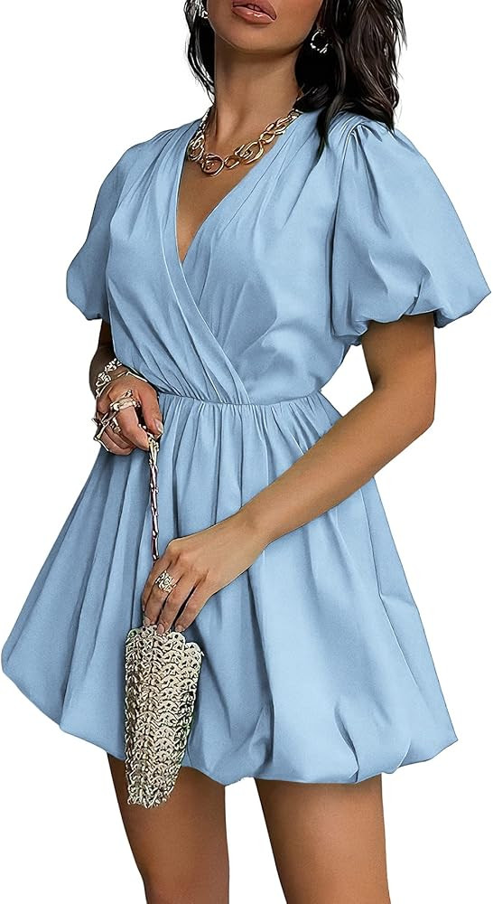 PRETTYGARDEN Women's Short Summer Dresses Casual Puffy Sleeve Wrap V Neck Ruffle Solid Color Flar... | Amazon (US)