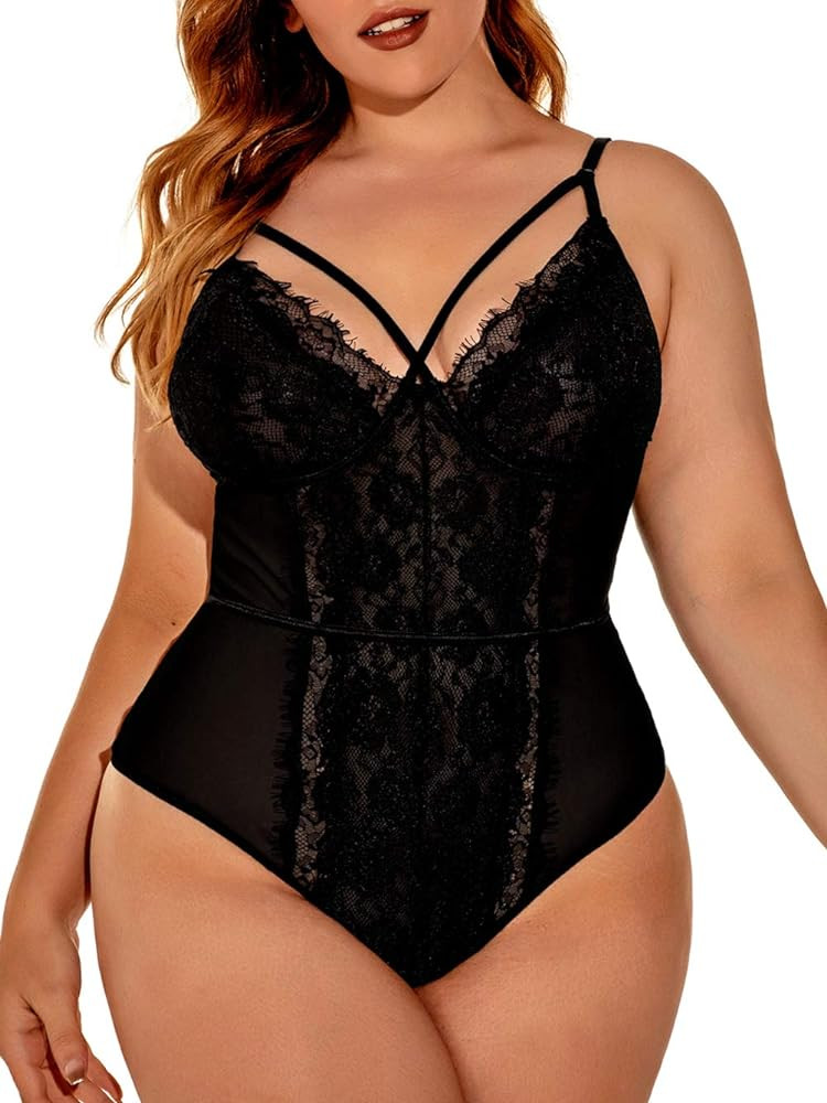 Kaei&Shi Plus Size Eyelash Lace Bodysuit, Snap Crotch Sexy Top Lingerie, Club Outfit | Amazon (US)