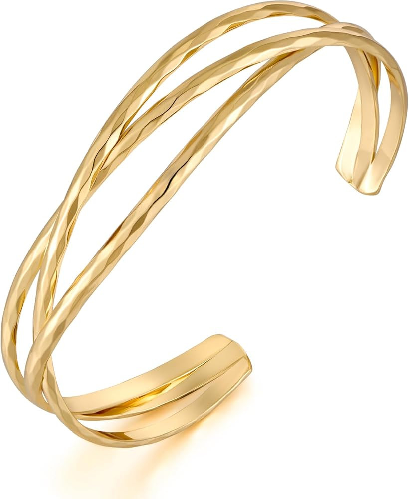 Amazon.com: ENSKEFEN Dainty Hammered Cross Cuff Bracelets for Women Three-layer Wire Hollow Bangl... | Amazon (US)