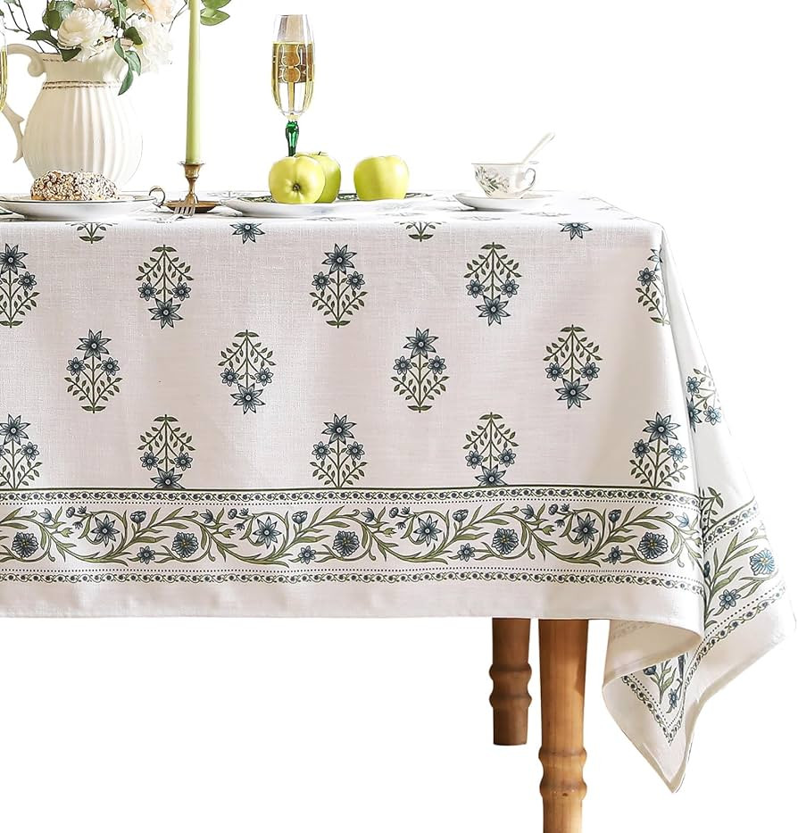 ISAENNE Designer White Linen Table Cloth for Rectangle Table,Chinoiserie Floral Elegant Indoor Ta... | Amazon (US)